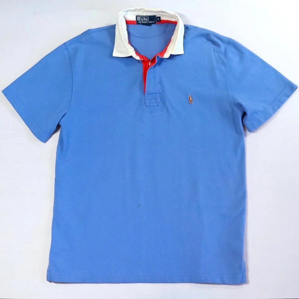 Polo Ralph Lauren Rugby Shirt‎ Mens M Blue White Twill Collar Flesh Pony Preppy